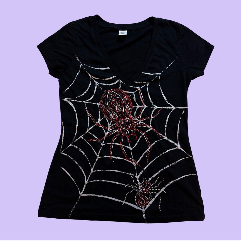 Y2K Black Spider Web Rhinestone V-Neck Graphic Tee Shirt Gothic Edgy #18